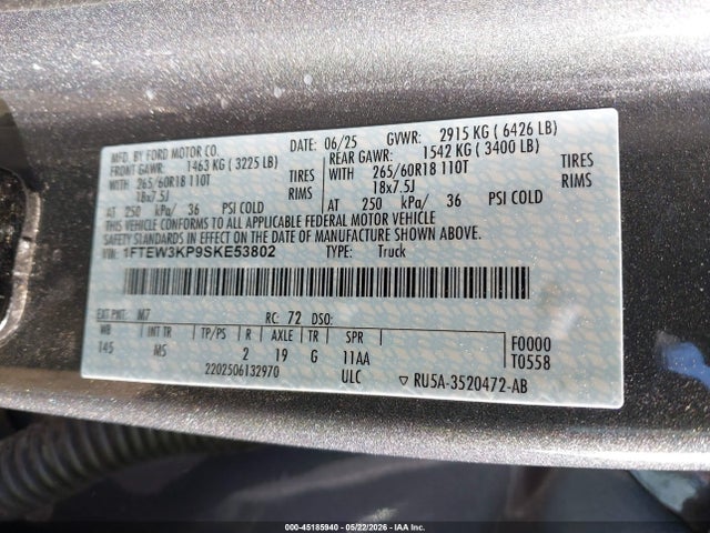 Aukcja sprzedaży 2025 Ford F-150 Xlt, vin: 1FTEW3KP9SKE53802, numer aukcji: 45185940