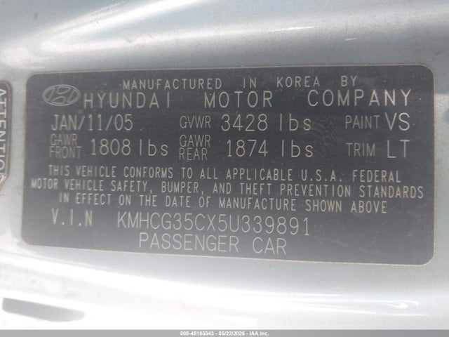 2005 Hyundai Accent Gls/gt მანქანა იყიდება აუქციონზე, vin: KMHCG35CX5U339891, აუქციონის ნომერი: 45185943