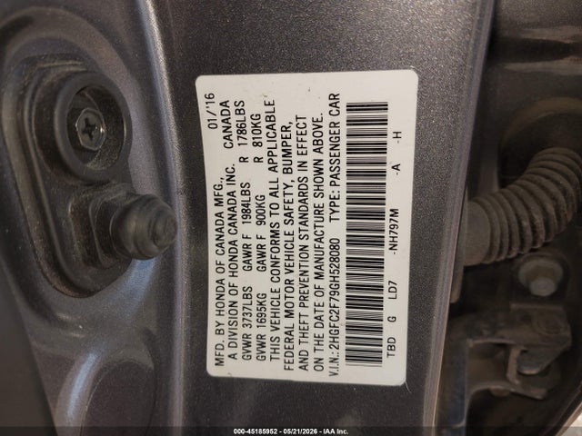 Aukcja sprzedaży 2016 Honda Civic Ex, vin: 2HGFC2F79GH528080, numer aukcji: 45185952