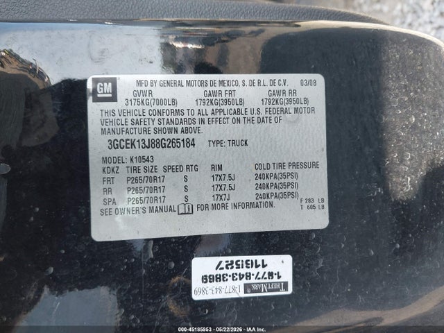 2008 Chevrolet Silverado 1500 Lt1 მანქანა იყიდება აუქციონზე, vin: 3GCEK13J88G265184, აუქციონის ნომერი: 45185953