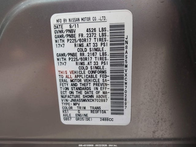 Продаж на аукціоні авто 2012 Nissan Rogue Sv, vin: JN8AS5MVXCW702897, номер лоту: 45185959