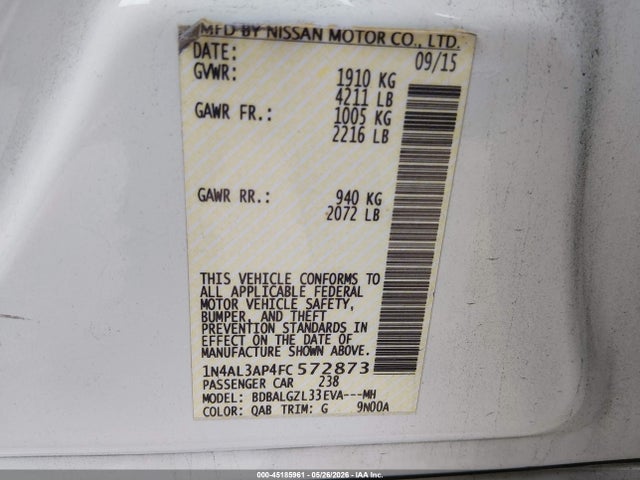 Aukcja sprzedaży 2015 Nissan Altima 2.5 S, vin: 1N4AL3AP4FC572873, numer aukcji: 45185961