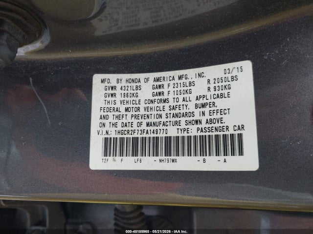 Aukcja sprzedaży 2015 Honda Accord Ex, vin: 1HGCR2F73FA149770, numer aukcji: 45185965