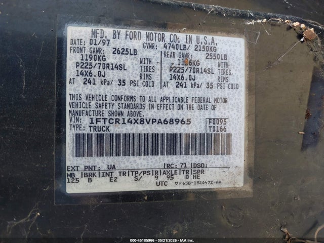 45185966 :رقم المزاد ، 1FTCR14X8VPA68965 vin ، 1997 Ford Ranger Splash/xlt مزاد بيع