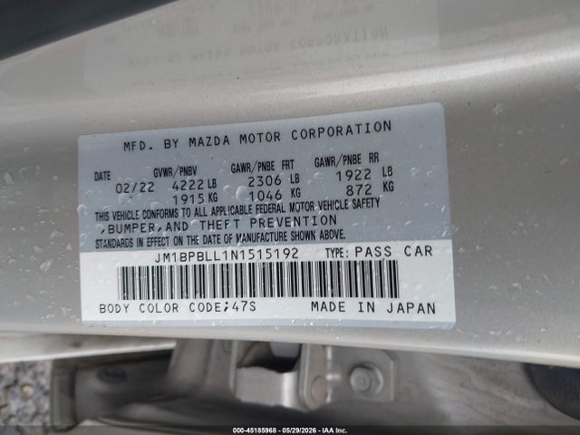 2022 Mazda Mazda3 Preferred მანქანა იყიდება აუქციონზე, vin: JM1BPBLL1N1515192, აუქციონის ნომერი: 45185968
