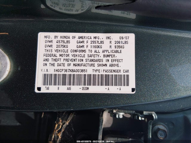 Aukcja sprzedaży 2008 Honda Accord 3.5 Ex, vin: 1HGCP367X8A003851, numer aukcji: 45185976