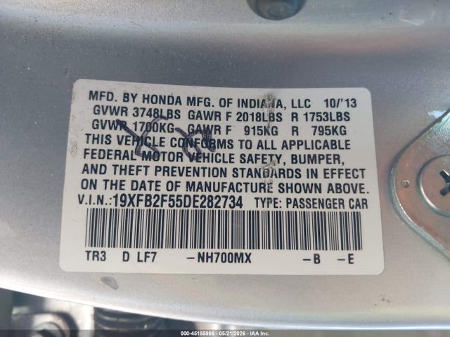 Aukcja sprzedaży 2013 Honda Civic Lx, vin: 19XFB2F55DE282734, numer aukcji: 45185986