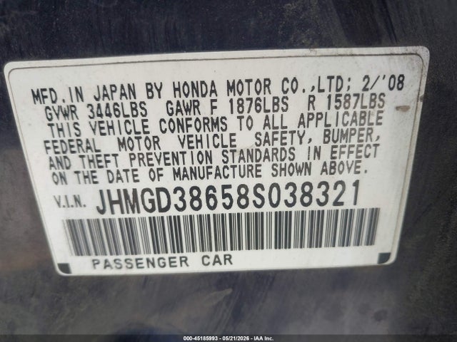 Aukcja sprzedaży 2008 Honda Fit Sport, vin: JHMGD38658S038321, numer aukcji: 45185993