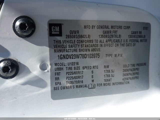 2008 Chevrolet Uplander Ls მანქანა იყიდება აუქციონზე, vin: 1GNDV23W78D103975, აუქციონის ნომერი: 45185998