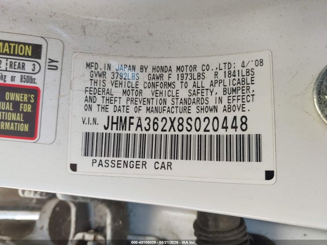 2008 Honda Civic Hybrid მანქანა იყიდება აუქციონზე, vin: JHMFA362X8S020448, აუქციონის ნომერი: 45186009