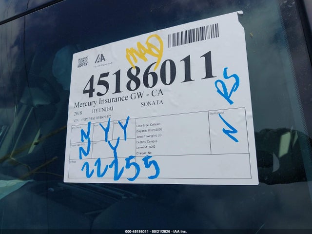 2018 Hyundai Sonata Sel მანქანა იყიდება აუქციონზე, vin: 5NPE34AF0JH609472, აუქციონის ნომერი: 45186011
