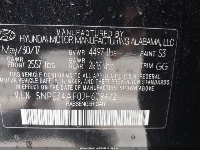 2018 Hyundai Sonata Sel მანქანა იყიდება აუქციონზე, vin: 5NPE34AF0JH609472, აუქციონის ნომერი: 45186011