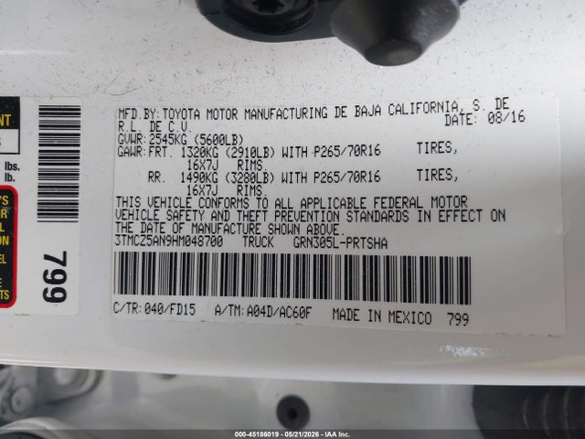 2017 Toyota Tacoma Trd Off Road მანქანა იყიდება აუქციონზე, vin: 3TMCZ5AN9HM048700, აუქციონის ნომერი: 45186019