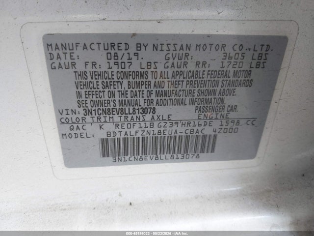 2020 Nissan Versa Sv Xtronic Cvt მანქანა იყიდება აუქციონზე, vin: 3N1CN8EV8LL813078, აუქციონის ნომერი: 45186022