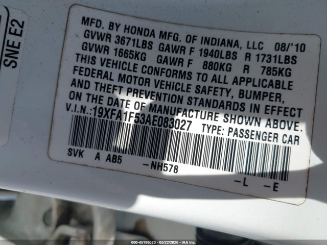 2010 Honda Civic Lx მანქანა იყიდება აუქციონზე, vin: 19XFA1F53AE083027, აუქციონის ნომერი: 45186023
