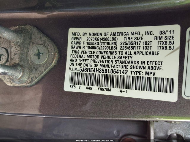 Auction sale of the 2011 Honda Cr-v Lx, vin: 5J6RE4H35BL064142, lot number: 45186031