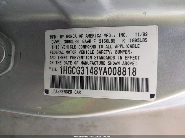 Aukcja sprzedaży 2000 Honda Accord 2.3 Lx, vin: 1HGCG3148YA008818, numer aukcji: 45186033