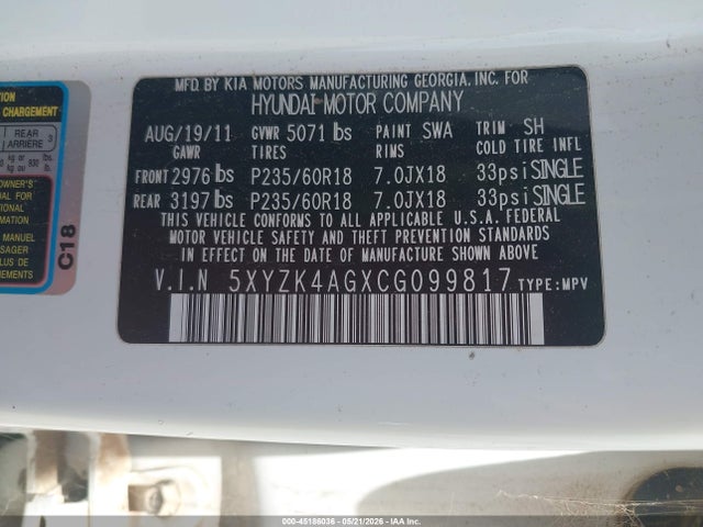 45186036 :رقم المزاد ، 5XYZK4AGXCG099817 vin ، 2012 Hyundai Santa Fe Limited V6 مزاد بيع