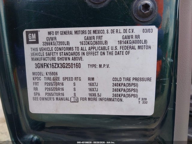 Продажа на аукционе авто 2003 Chevrolet Suburban 1500 Ls, vin: 3GNFK16ZX3G250160, номер лота: 45186039