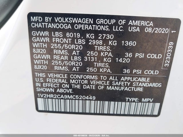 1V2HR2CA9MC520449 Volkswagen Atlas 3.6l V6 Se W/technology