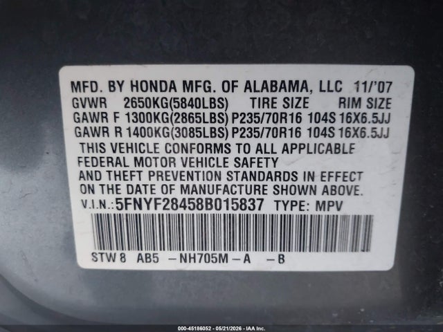2008 Honda Pilot Ex მანქანა იყიდება აუქციონზე, vin: 5FNYF28458B015837, აუქციონის ნომერი: 45186052
