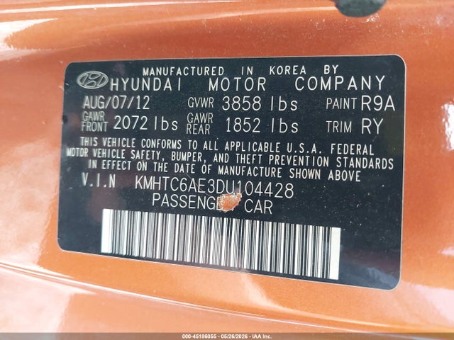 Продажа на аукционе авто 2013 Hyundai Veloster Turbo W/black, vin: KMHTC6AE3DU104428, номер лота: 45186055