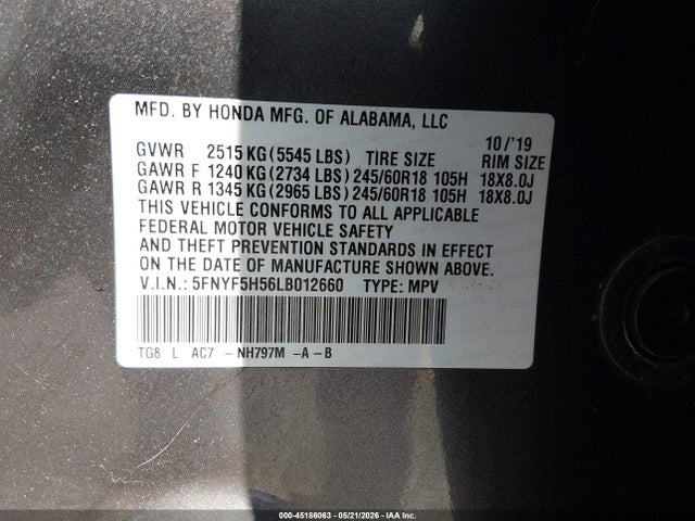 Honda Pilot 2wd Ex-l 2020 5FNYF5H56LB012660 Image 9