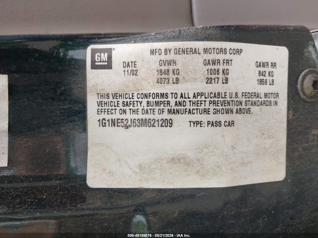 2003 Chevrolet Malibu Ls მანქანა იყიდება აუქციონზე, vin: 1G1NE52J63M621209, აუქციონის ნომერი: 45186076