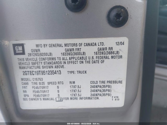 45186080 :رقم المزاد ، 2GTEC19T951235413 vin ، 2005 Gmc Sierra 1500 Sle مزاد بيع