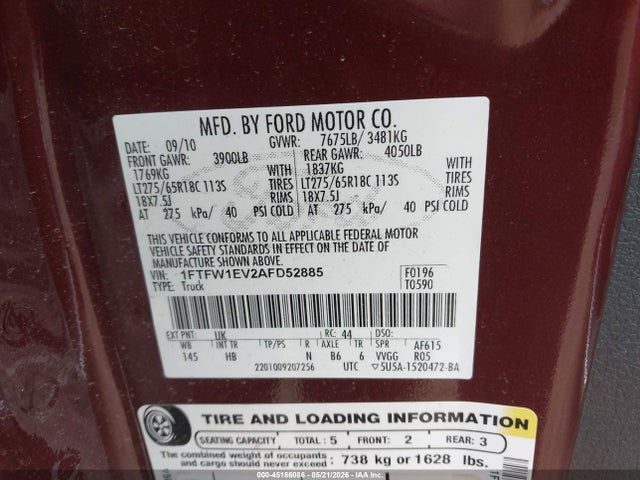 Продажа на аукционе авто 2010 Ford F-150 Fx4/harley-davidson/king Ranch/lariat/platinum/xl/xlt, vin: 1FTFW1EV2AFD52885, номер лота: 45186086