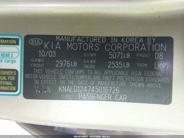 45186092 :رقم المزاد ، KNALD124745016726 vin ، 2004 Kia Amanti مزاد بيع