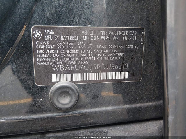 Продажа на аукционе авто 2011 Bmw 535i Xdrive, vin: WBAFU7C53BDU56310, номер лота: 45186093