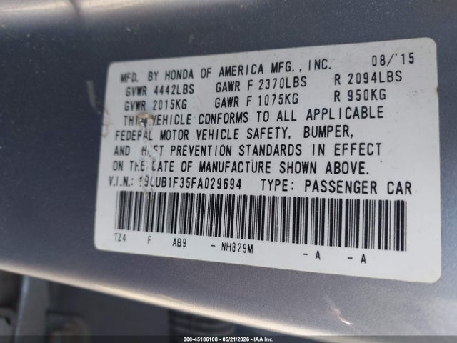 45186108 :رقم المزاد ، 19UUB1F35FA029694 vin ، 2015 Acura Tlx مزاد بيع
