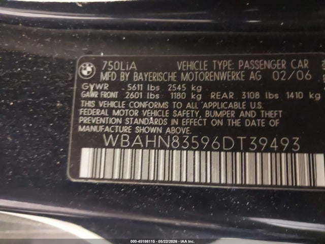 Продаж на аукціоні авто 2006 Bmw 750li, vin: WBAHN83596DT39493, номер лоту: 45186115