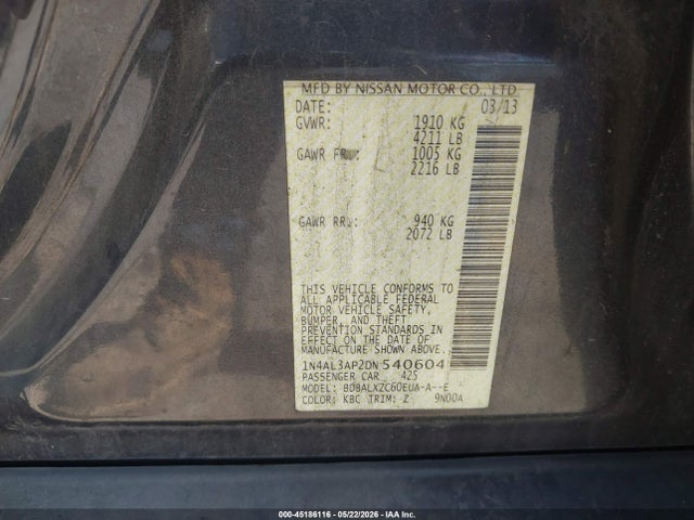 Aukcja sprzedaży 2013 Nissan Altima 2.5 Sl, vin: 1N4AL3AP2DN540604, numer aukcji: 45186116