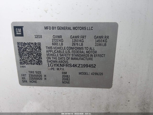 2019 Cadillac Xt5 Premium Luxury მანქანა იყიდება აუქციონზე, vin: 1GYKNFRS4KZ199452, აუქციონის ნომერი: 45186118
