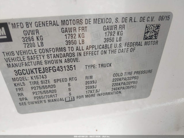 Продаж на аукціоні авто 2015 Chevrolet Silverado 1500 High Country, vin: 3GCUKTEJ8FG431351, номер лоту: 45186120