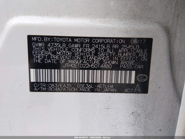 45186127 :رقم المزاد ، JTHCE1D22H5014480 vin ، 2017 Lexus Is 350 مزاد بيع
