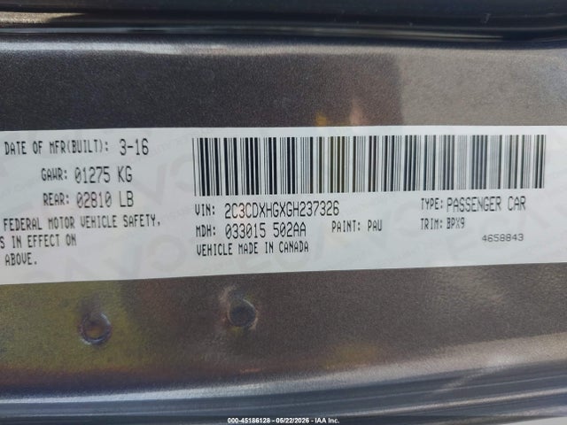 Auction sale of the 2016 Dodge Charger Sxt, vin: 2C3CDXHGXGH237326, lot number: 45186128