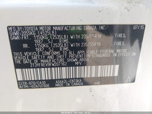 2015 Toyota Rav4 Limited მანქანა იყიდება აუქციონზე, vin: 2T3YFREV9FW207162, აუქციონის ნომერი: 45186131
