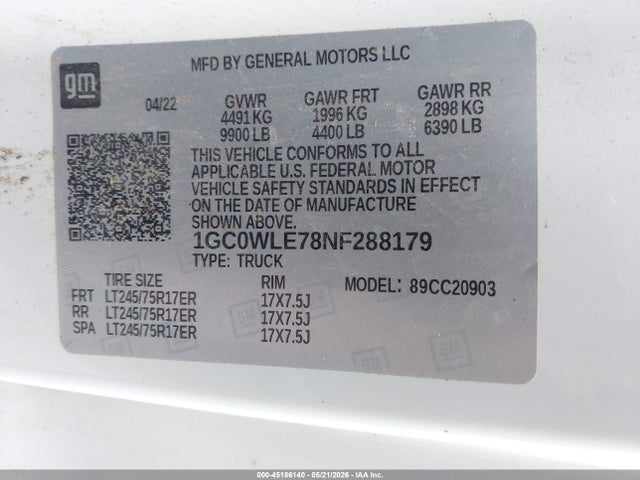 Aukcja sprzedaży 2022 Chevrolet Silverado 2500hd 2wd  Long Bed Wt, vin: 1GC0WLE78NF288179, numer aukcji: 45186140