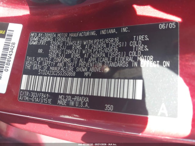 Auction sale of the 2005 Toyota Sienna Le, vin: 5TDZA23C25S350868, lot number: 45186150