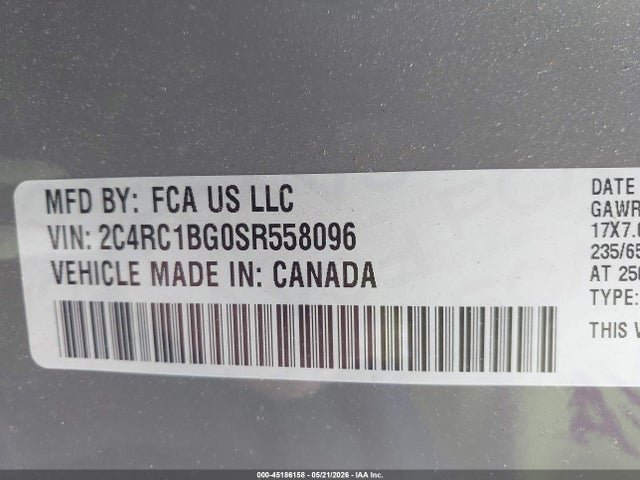 45186158 :رقم المزاد ، 2C4RC1BG0SR558096 vin ، 2025 Chrysler Pacifica Select مزاد بيع