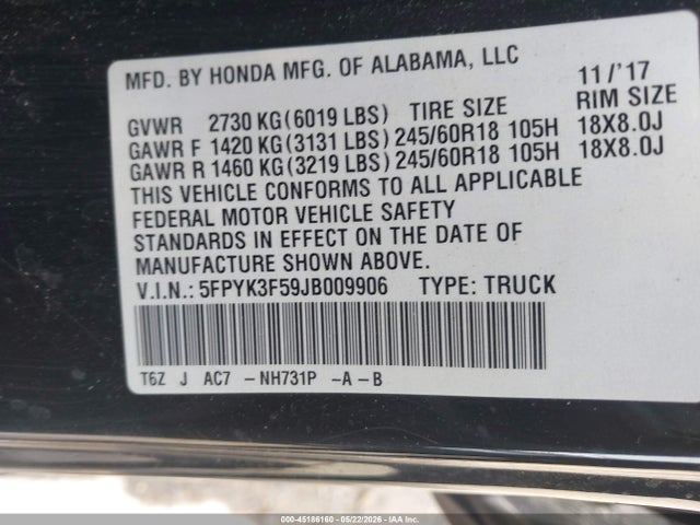 Honda Ridgeline Rtl 2018 5FPYK3F59JB009906 Image 9