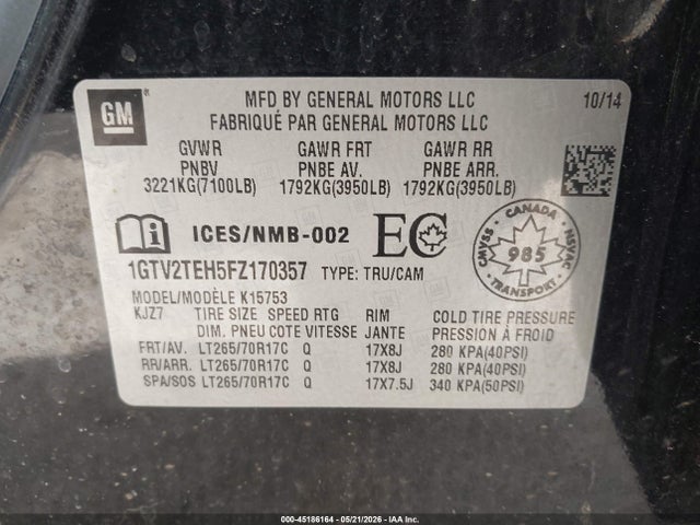 Aukcja sprzedaży 2015 Gmc Sierra 1500, vin: 1GTV2TEH5FZ170357, numer aukcji: 45186164