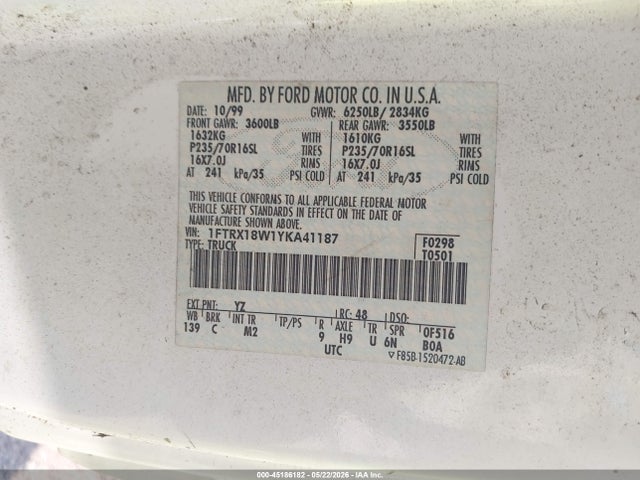 Aukcja sprzedaży 2000 Ford F-150 Lariat/work Series/xl/xlt, vin: 1FTRX18W1YKA41187, numer aukcji: 45186182