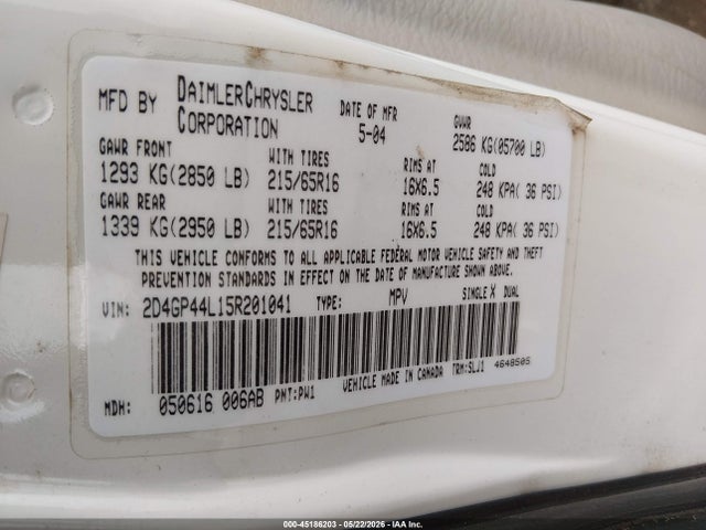 Продажа на аукционе авто 2005 Dodge Grand Caravan Sxt, vin: 2D4GP44L15R201041, номер лота: 45186203