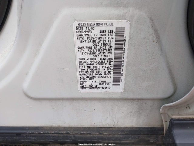 45186210 :رقم المزاد ، JN8AZ08T84W208773 vin ، 2004 Nissan Murano Se مزاد بيع