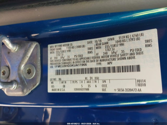 2019 Ford Escape Sel მანქანა იყიდება აუქციონზე, vin: 1FMCU9HD3KUA11966, აუქციონის ნომერი: 45186212