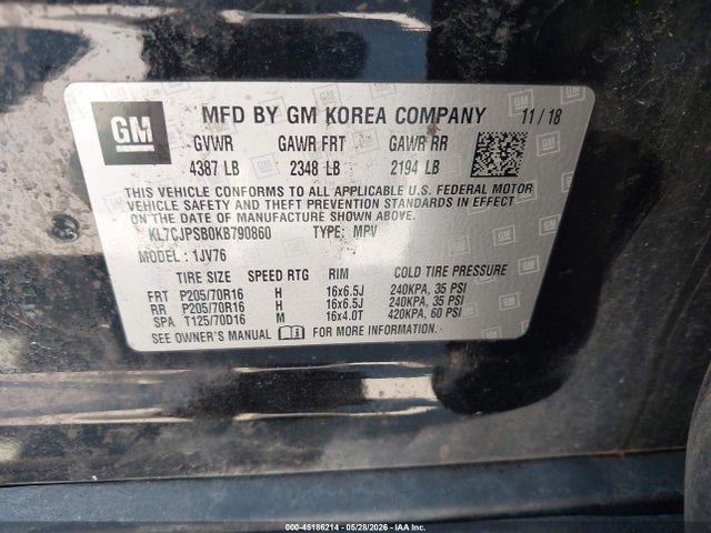 45186214 :رقم المزاد ، KL7CJPSB0KB790860 vin ، 2019 Chevrolet Trax Lt مزاد بيع